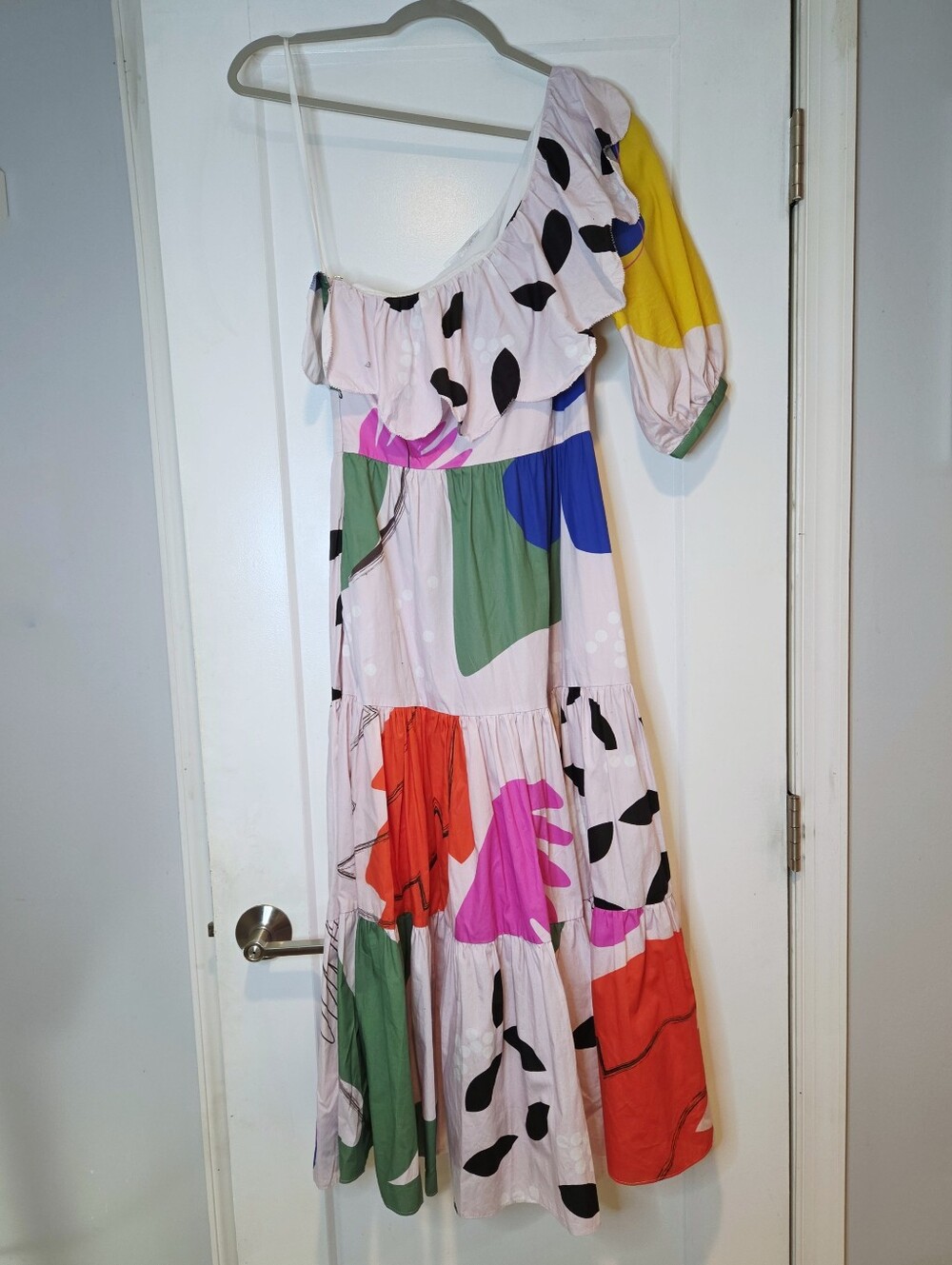 Love Binetti One Shoulder Tiered Midi Dress Abstract Print XS